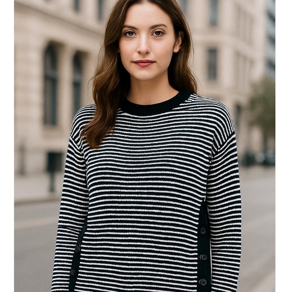Lord & Taylor Striped Sweater with Side‎ Buttons Casual Chic Black White - Picture 1 of 6